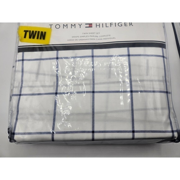 Tommy Hilfiger 3 pc Tull Sheet Set Blue Windowpane Blue White NWT - Picture 6 of 8